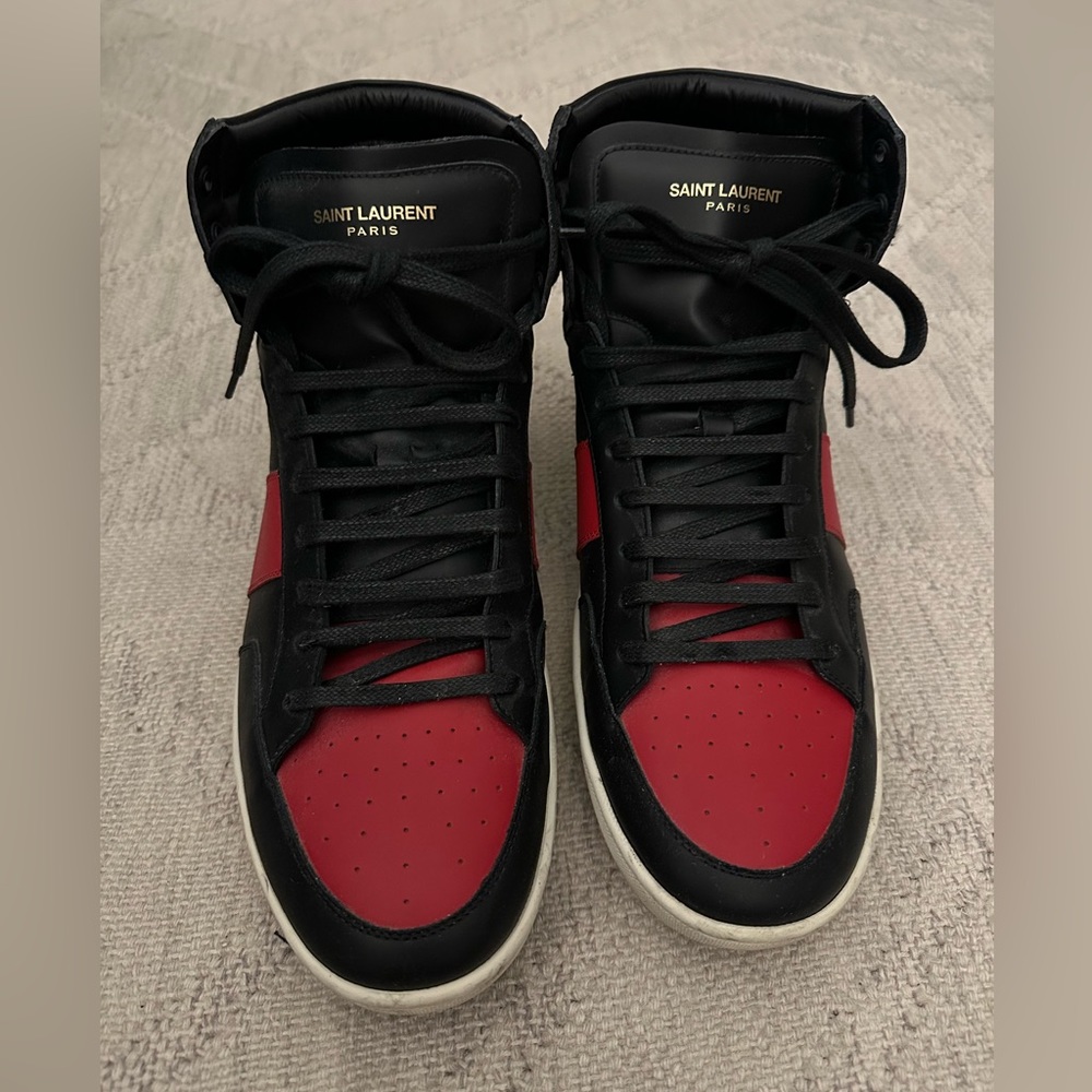 Saint Laurent SL/10H Signature Men’s Court Classic High-Top Sneakers Black-Red - Picture 2 of 12